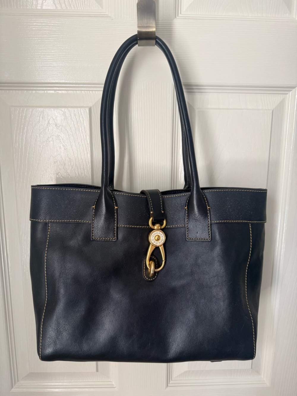Dooney and Burke Florentine Large Amelia Navy Leather Tote Gold Hook Closure - Picture 2 of 12